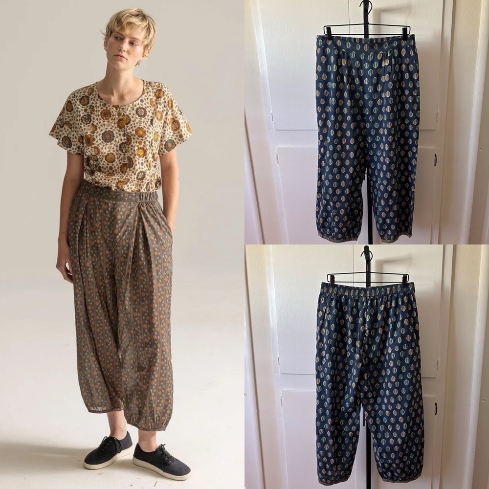 Gudrun Sjoden Navy Blue Amina Patterned Harem Wide Leg Trouser Pants Sz L